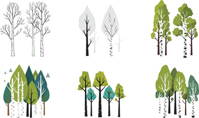 Birch tree illustration, seasonal foliage, abstract forest, minimalist design, green canopy, black trunks, artistic nature concept, stylized landscape