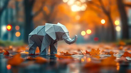 Origami elephant stands on a surface covered in autumn leaves with blurred background of trees