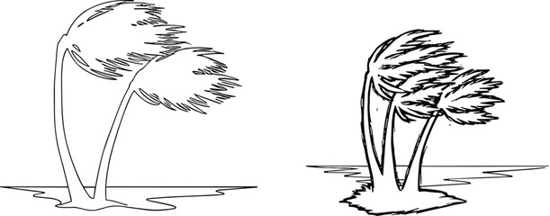 Palm tree sketch, wind-blown silhouette, coastal landscape, black and white drawing, nature illustration, tropical storm concept, artistic design