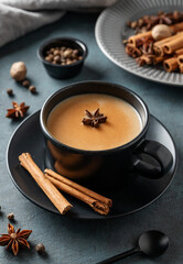 Traditional Indian masala chai tea with milk and spices in a black cup on a dark background