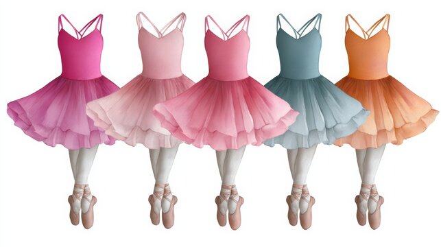 Group of five female ballet dancers are wearing different colored tutus. The tutus are pink, blue, green, yellow, and orange. The dancers are standing in a row - Powered by Adobe