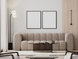 two frames mock-up in modern living room interior with beige sofa and glass coffee table, 3d render
