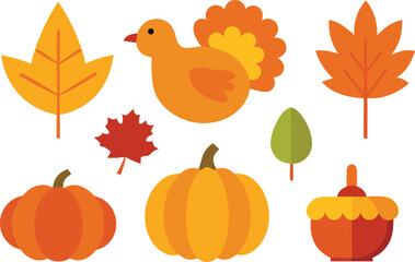 Thanksgiving day vector icons collection turkey pumpkins autumn leaves festive illustration