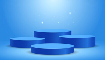 A blue stage featuring four podiums with a gradient background
