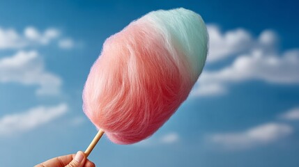 Person is holding a pink, blue, and green cotton candy stick. The sky is blue and there are clouds in the background
