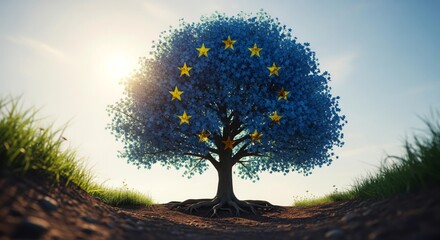 A symbolic tree representing the European Union, with blue foliage and golden stars, standing in a sunny landscape.
