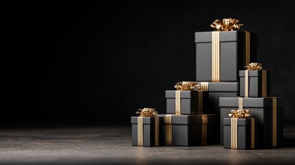 Black gift boxes arranged on a dark background, Black Friday sale and discount concept