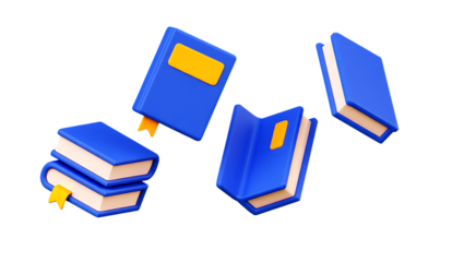 Four 3d blue books with yellow page markers floating in space for knowledge and education concepts isolated background 3d icon