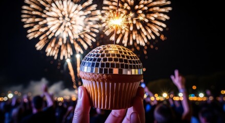 A person holding a cupcake with a disco ball topping, fireworks display in the background.