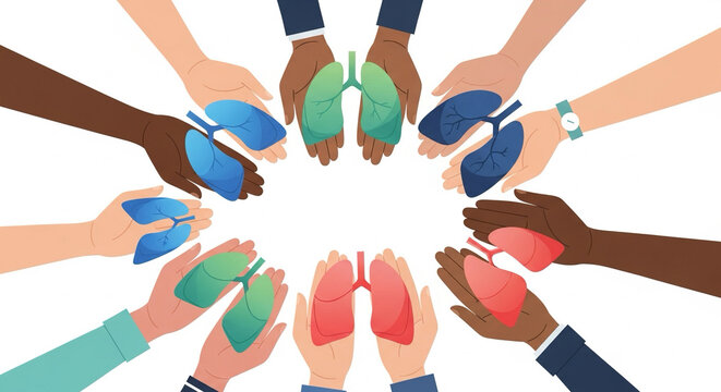 Flat vector of diverse hands holding lung icons — unity in global health fight.