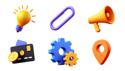 Collection of 3d rendered icons lightbulb link megaphone credit card gears and map pin. isolated  background 3d icon