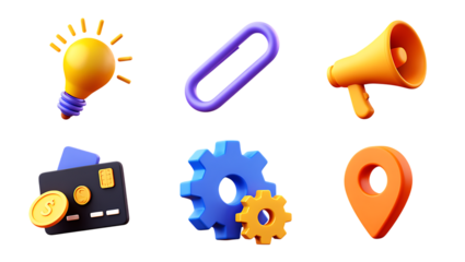 Collection of 3d rendered icons lightbulb link megaphone credit card gears and map pin. isolated  background 3d icon
