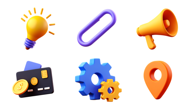 Collection of 3d rendered icons lightbulb link megaphone credit card gears and map pin. isolated  background 3d icon