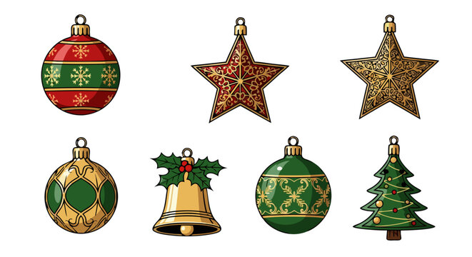 Collection of festive Christmas ornaments including baubles, bells, and stars in red and gold, perfect for holiday decorations