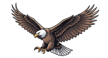 Fototapeta premium Majestic bald eagle soaring with outstretched wings against a white background