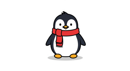 Obraz premium Cute cartoon penguin wearing a red scarf standing on a white background image