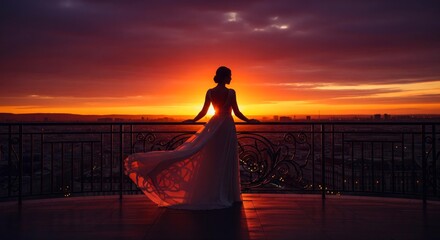 A woman in a flowing dress stands silhouetted against a vibrant sunset over a city.