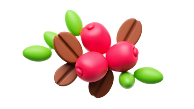 Abstract 3d icons of realistic berries and coffee beans floating creatively on black isolated  background 3d icon