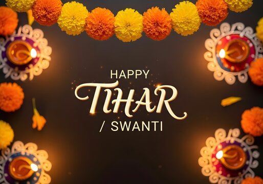 Festive Tihar celebration with colorful marigold garlands and illuminated diyas for holiday greeting card design