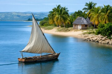 Dhow sailboat navigating tropical madagascar coastline with huts