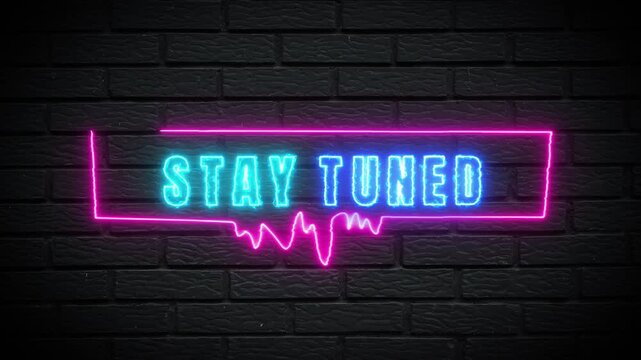 coming soon with vibrant neon stay tuned message on dark brick wall background for marketing campaign