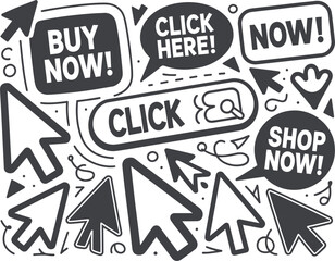 Obraz premium Collection of hand drawn click here buy now and shop now buttons and cursors