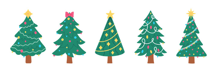 Decorated Christmas trees with unique shapes, stars, ornaments and lights. Festive winter holiday illustration for Christmas and New Year celebration isolated on white background