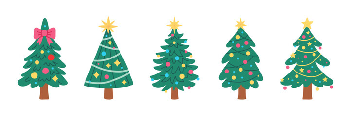 Set of Christmas trees with ornaments, lights, garlands and shining stars for Christmas and New Year celebration. Festive winter decoration isolated on white background