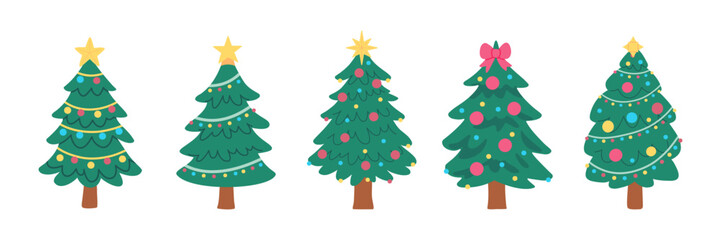 Christmas tree set with festive ornaments, garlands, and glowing lights. Decorative firs and pines for Christmas and New Year celebration. Winter holiday illustration on white background