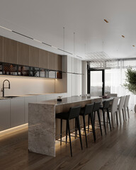 Stylish kitchen with sleek marble island, wooden accents, and open shelving, offering a contemporary look.