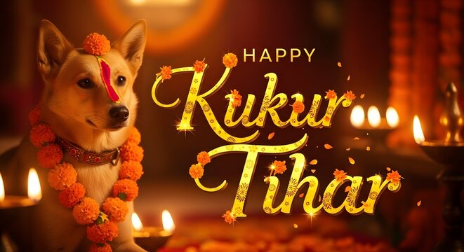 Celebrating Kukur Tihar with adorned dog in festive setting surrounded by marigold garlands and traditional lamps