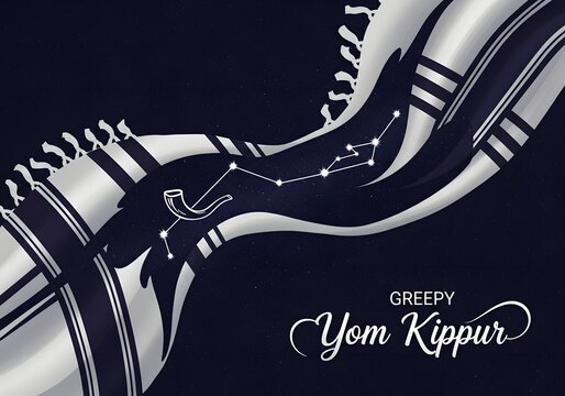 Yom Kippur celebration with tallit and shofar design for religious greeting card or poster