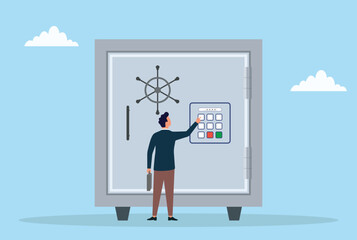Vector illustration of a businessman entering a code on a large safe vault symbolizing security, business protection, financial safety, and access to wealth and opportunity
