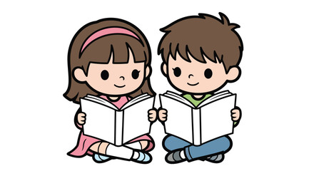 Vector art of two cute cartoon children, a boy and a girl, sitting and reading books together