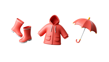 3d rendering of pink raincoat boots and umbrella for rainy weather protection isolated 3d rendered 
 icon