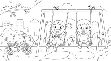 Fototapeta premium Vector art of happy children swinging on a playground swing set with a bicycle nearby, in a park setting with trees and buildings in the background, line art illustration