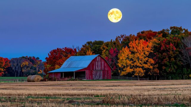 Full moon illuminates a rustic red barn surrounded by vibrant autumn foliage.