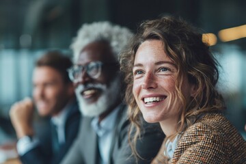 Obraz premium Diverse business professionals smiling during corporate meeting