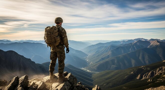 A soldier stands atop a mountain peak, surveying the vast, scenic landscape.