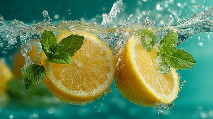 Invigorating splash of fresh lemon with cool mint for a vibrant, healthy lifestyle, perfect for summer drinks and refreshing beverages, capturing a crisp and clean feeling