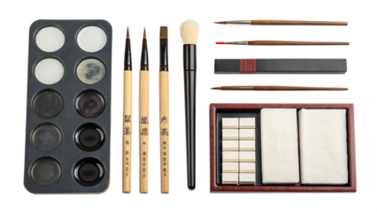 Artistic Chinese brush painting kit cut out on PNG. AI GENERATED.