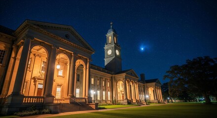 Nighttime view of a grand historic building with illuminated facade and clock tower.