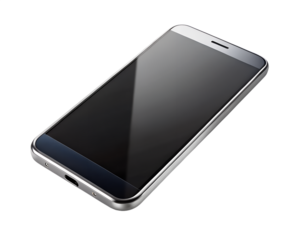 A modern smartphone with a black screen isolated on a transparent background