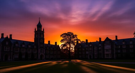 Fototapeta premium Silhouette of a stately building with a central tower against a vibrant sunset sky.