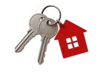 Pair of house keys with a red home shape keychain, featuring real estate, buying, and selling property concepts