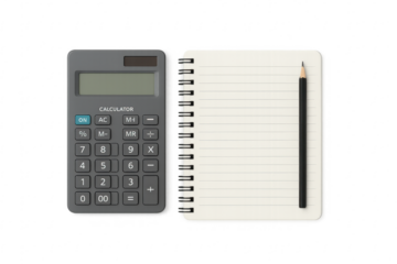 Calculator, notebook, pencil for accounting and planning