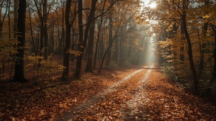 Fototapeta premium A forest path covered in fallen leaves with sunlight streaming through the trees in autumn season scene