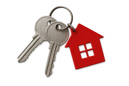 Pair of house keys with a red home shape keychain, featuring real estate, buying, and selling property concepts