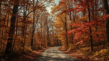 Fototapeta premium A winding road through a vibrant autumn forest with colorful trees and fallen leaves on the ground