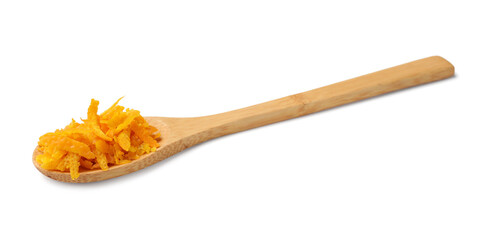 Spoon with orange zest isolated on white